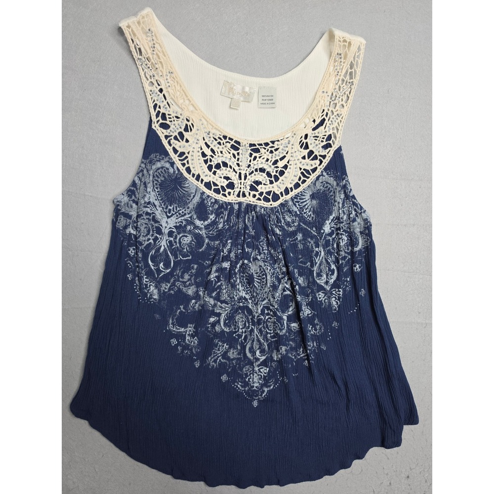 Miss Me Top Womens Large Blue Floral Print Rayon Beaded Scoop Neck Casual Blouse